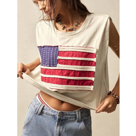 100% Cotton American Flag Beige Round Neck Sleeveless Muscle Tee Shirt - Picture 2 of 8